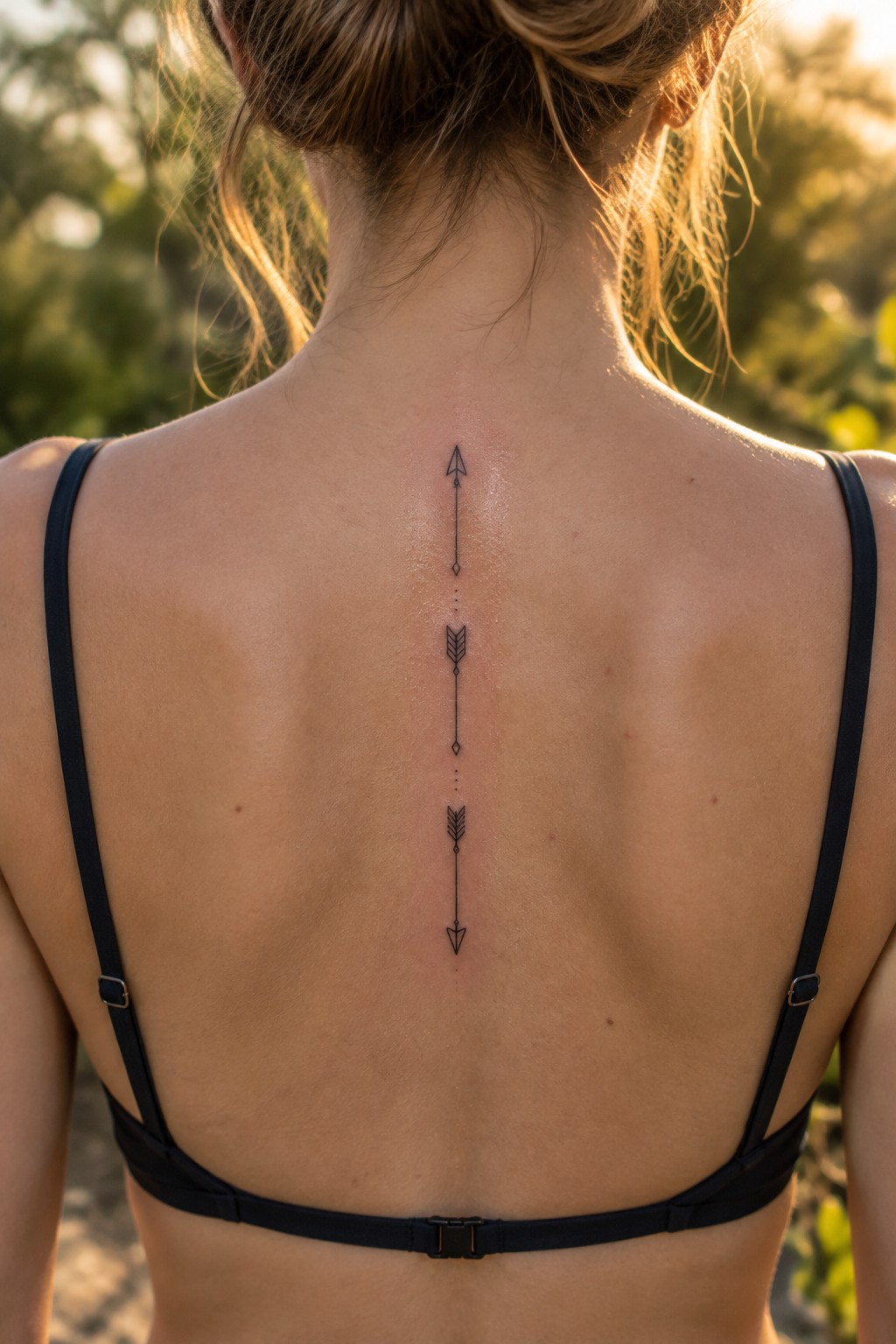 Woman's back in black bra with vertical arrow tattoo along spine in sunlight.
