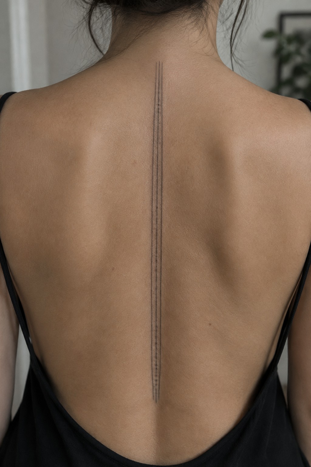 Close up of a woman's upper back with three thin vertical lines tattooed along the spine and small dots marking intervals in the lines.