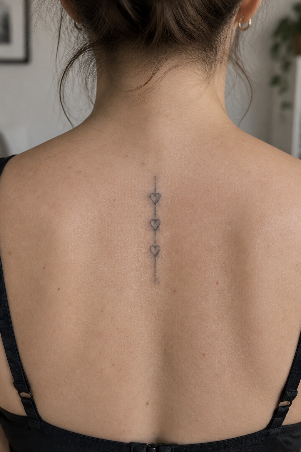 Woman's back with vertical three-heart tattoo, black spaghetti-strap top, brown hair in bun