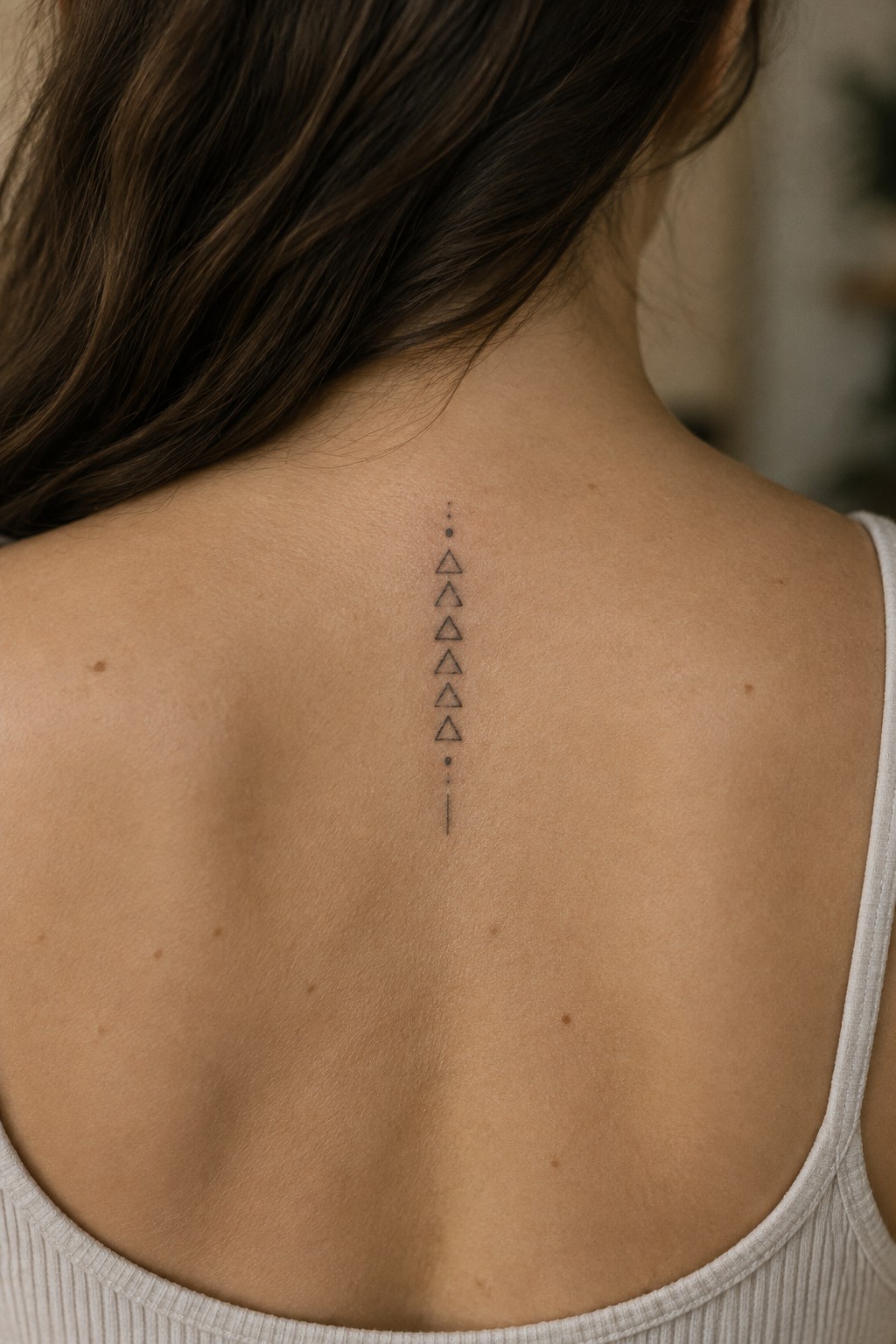 Minimalist spine tattoo featuring a vertical column of small outlined triangles with dots and a short line accent on a woman's upper back