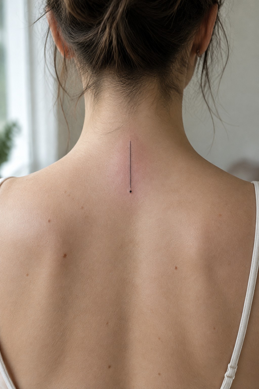 Woman's nape with thin vertical black line tattoo ending in a dot, white straps visible