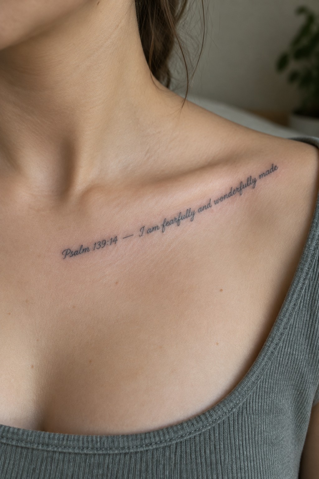 Black script tattoo on shoulder reading Psalm 139:14 — I am fearfully and wonderfully made above gray tank top