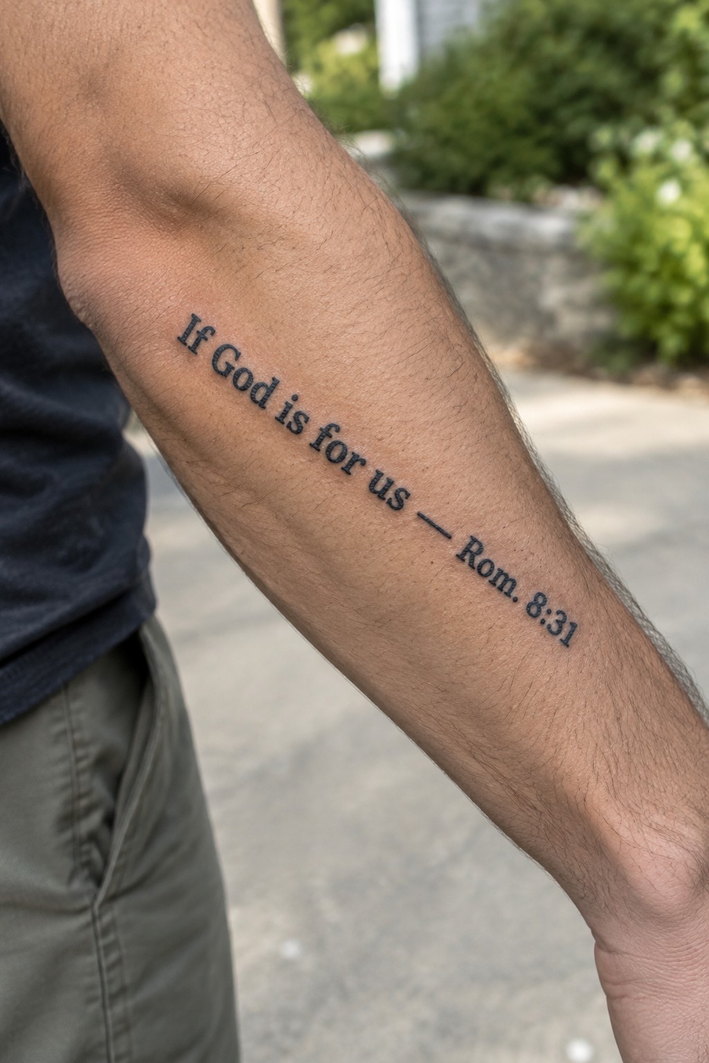 Black script tattoo of Romans 8:31 on the inner forearm of a person wearing a dark shirt and green pants.