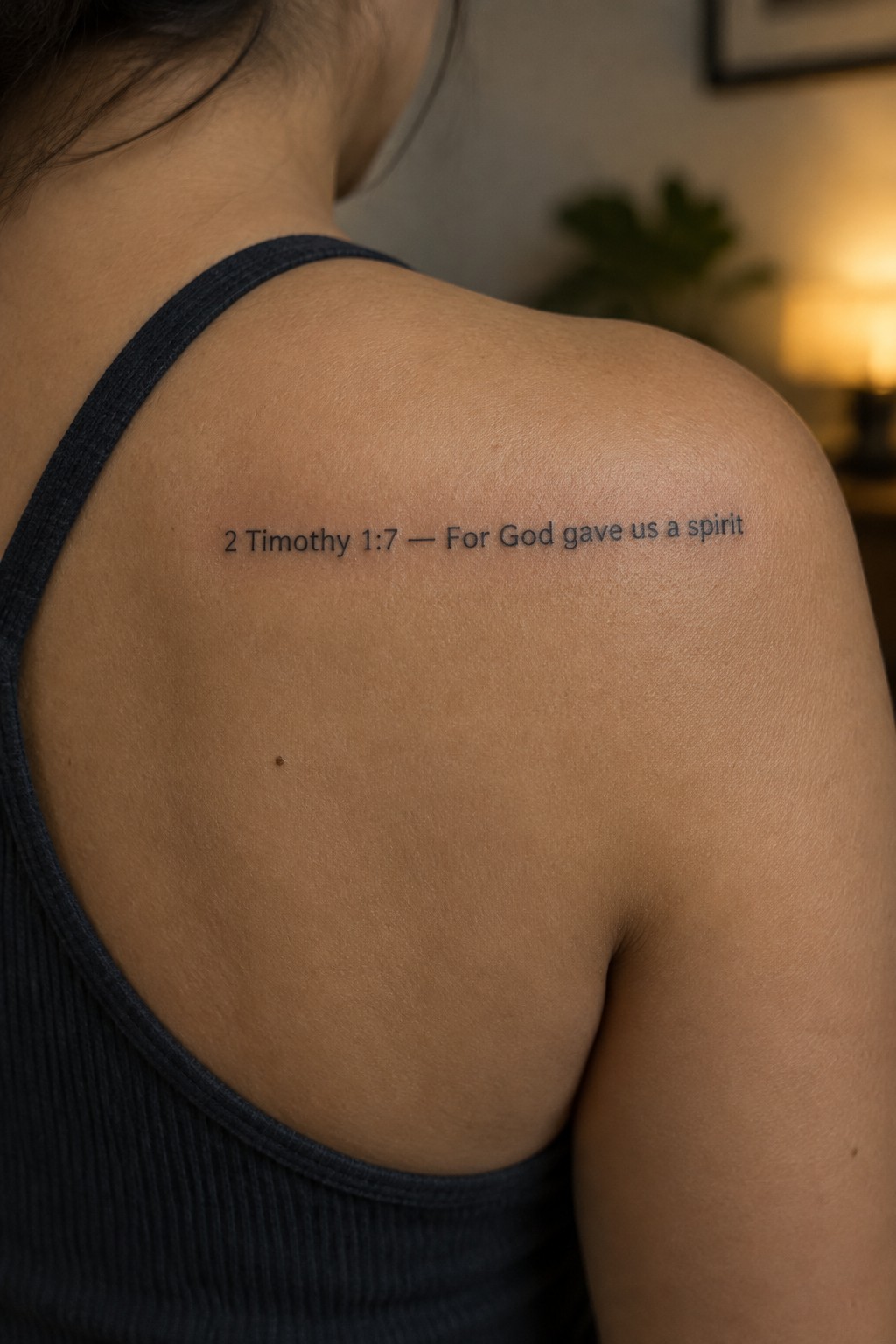 Shoulder tattoo quotes 2 Timothy 1:7 on person wearing dark ribbed tank top