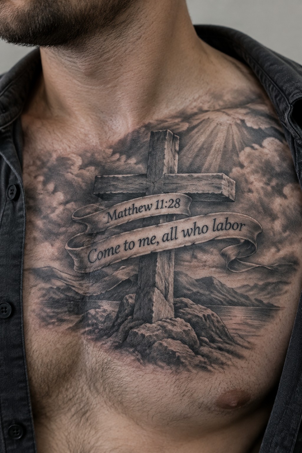 Open black shirt revealing realistic black-and-gray chest tattoo of cross with banner