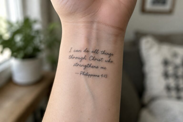 23 Powerful Bible Verse Tattoos Featuring Meaningful Scripture References Wrist tattoo in black cursive quoting Philippians 4:13 Bible verse