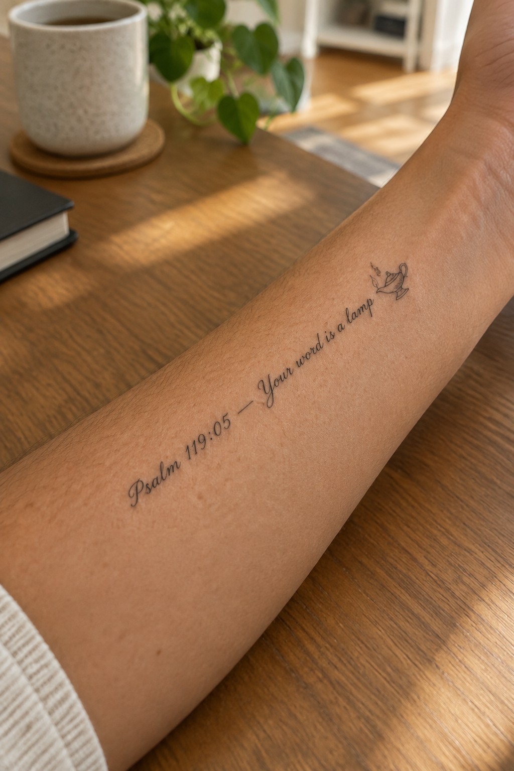 Tattooed forearm on wooden table with Psalm 119:05 verse and lamp illustration