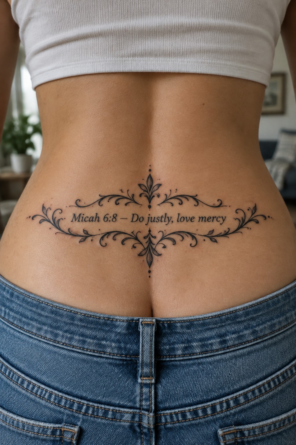 Lower back tattoo with Micah 6:8 in an ornamental symmetrical design with swirls and leaves