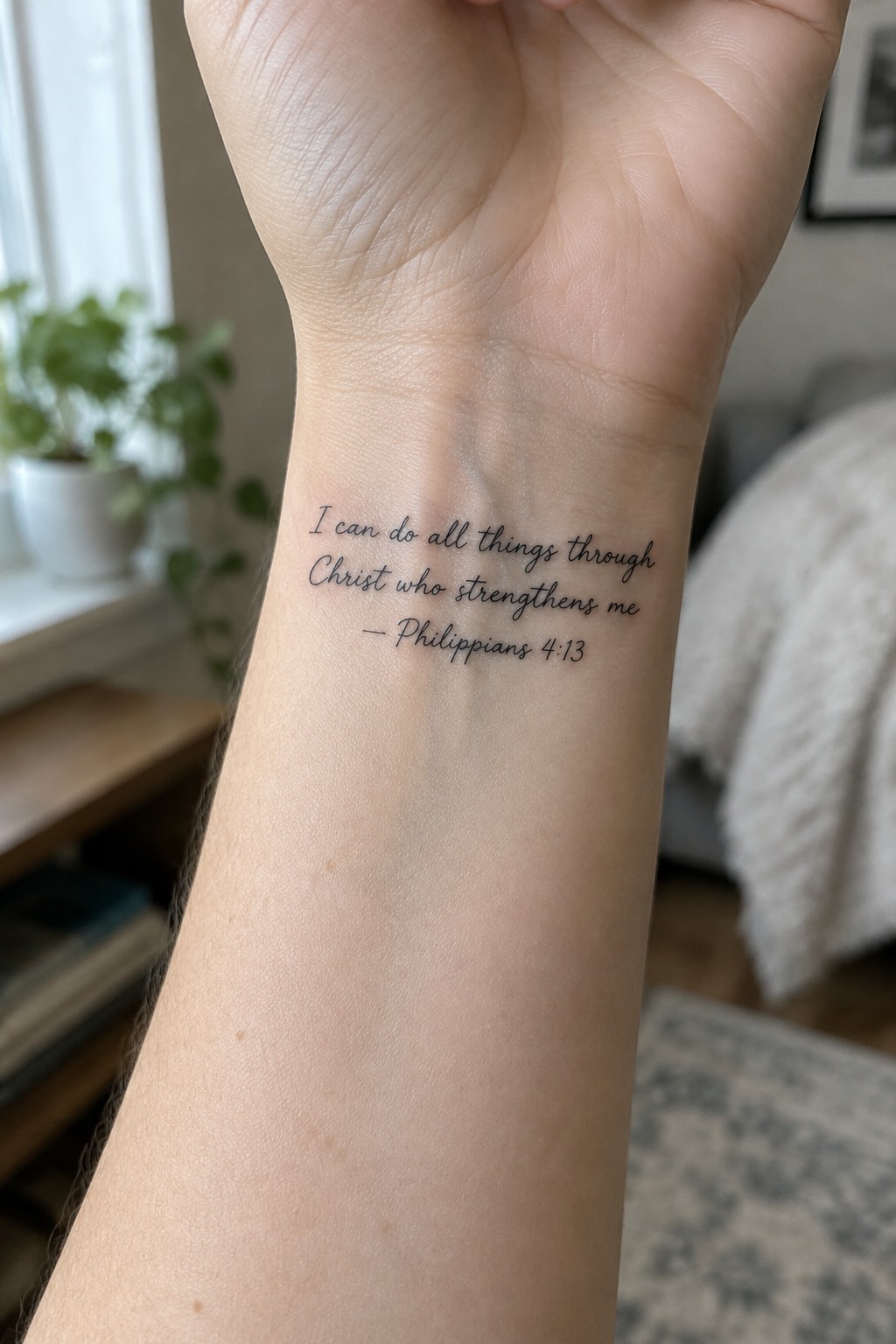 Wrist tattoo in black cursive quoting Philippians 4:13 Bible verse