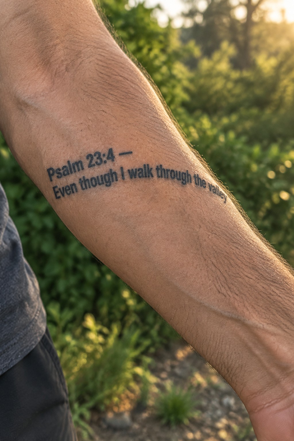Hairy forearm with black Psalm 23:4 tattoo against blurred green foliage in sunlight