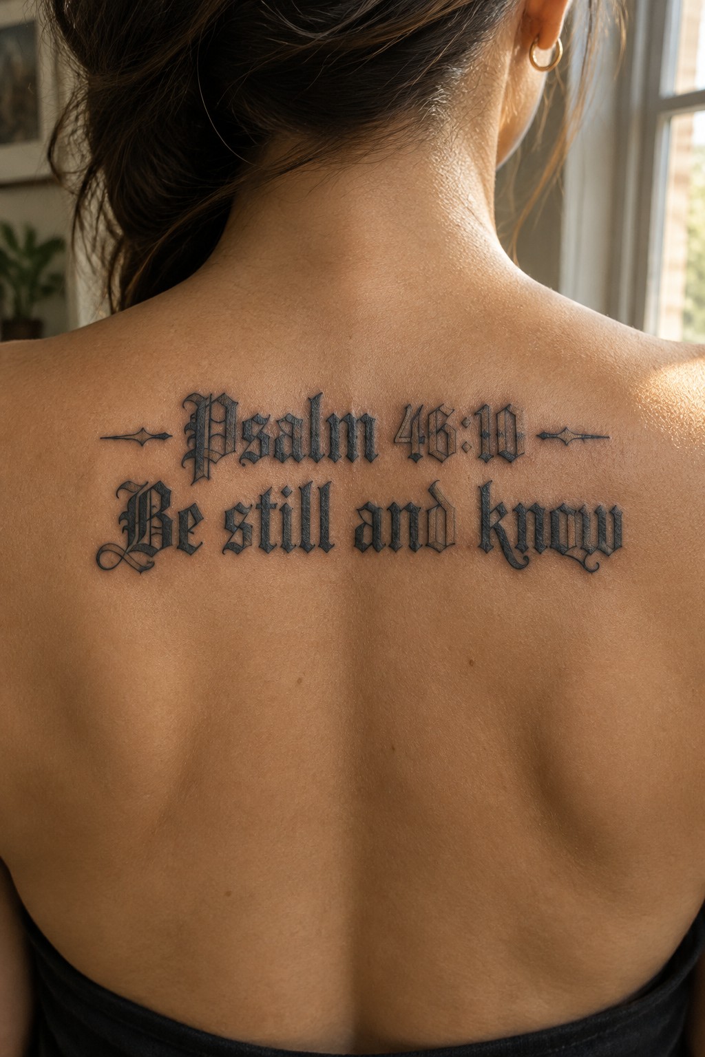Woman's upper back with black gothic tattoo of Psalm 46:10 Be still and know