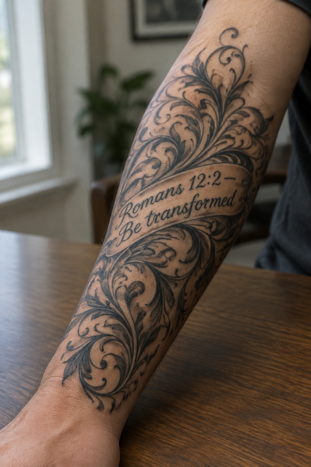 Intricate black filigree tattoo with Romans 12:2 banner on forearm over wooden table