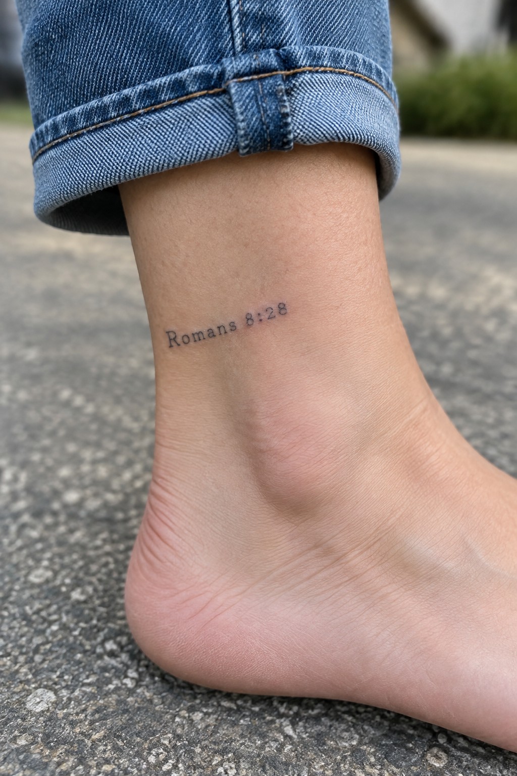 Romans 8:28 tattoo on ankle above bare foot in cuffed blue jeans