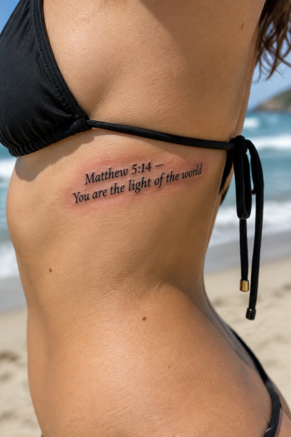 Black bikini top and Matthew 5:14 tattoo on ribs at sunny beach