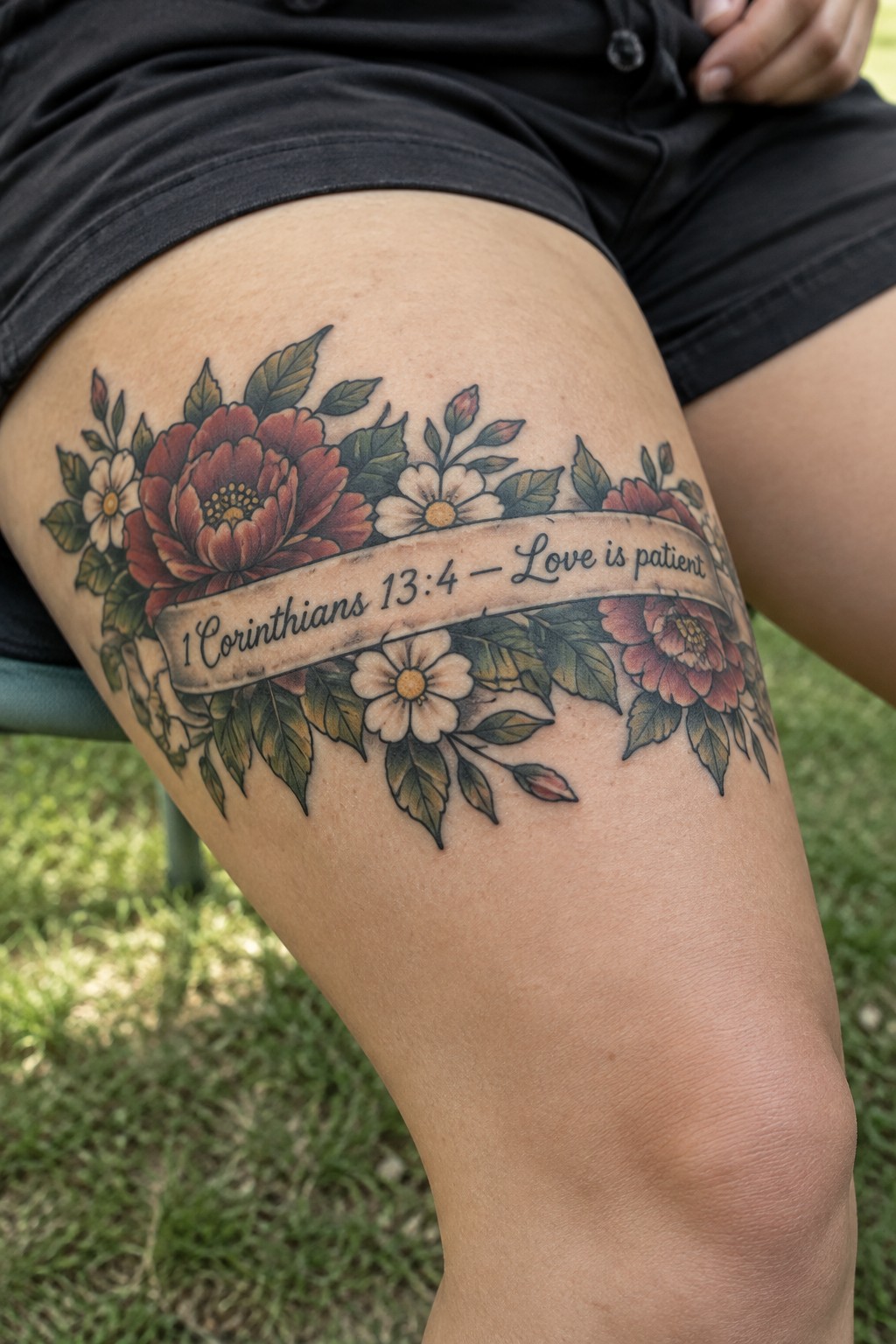 Floral thigh tattoo with red blooms, white flowers, and scripture banner on leg
