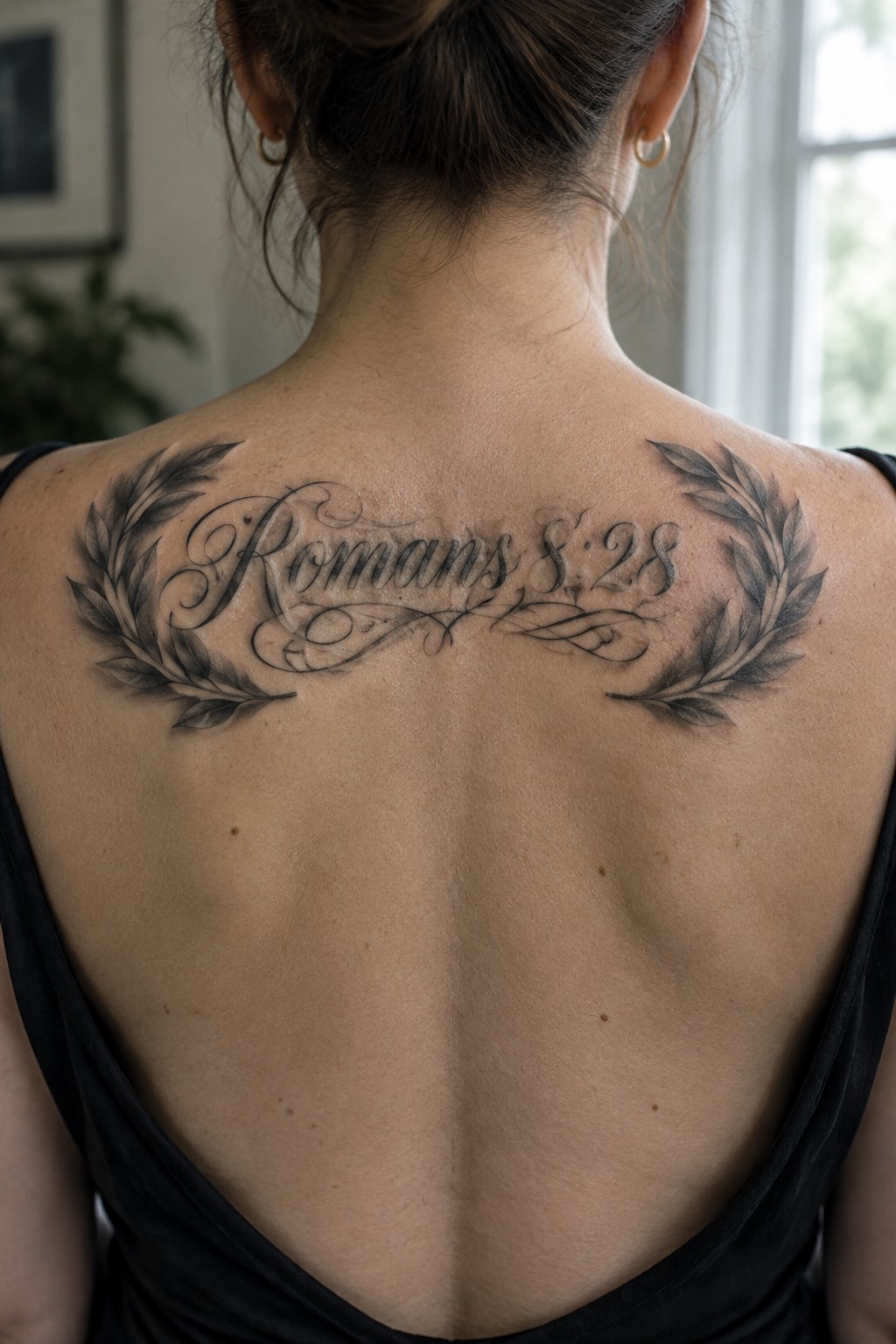 Woman's upper back with Romans 8:28 tattoo in cursive script flanked by laurel wreaths on both sides.