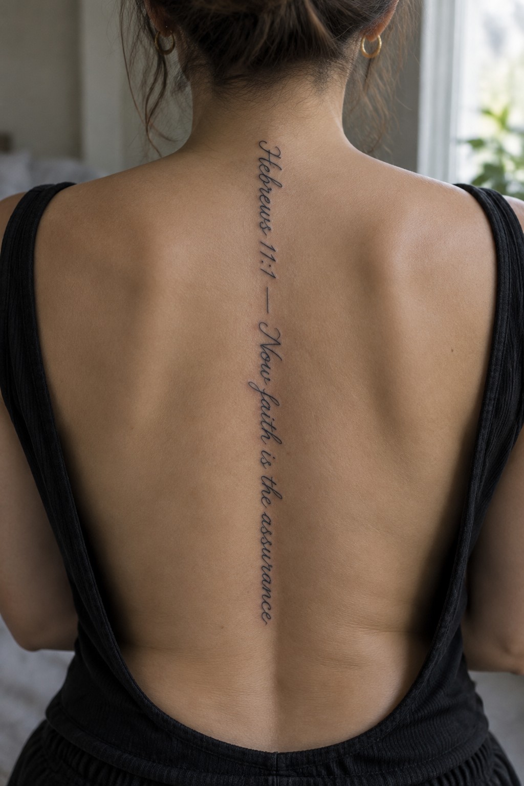 Woman's back in black tank top with vertical Hebrews 11:1 spine tattoo