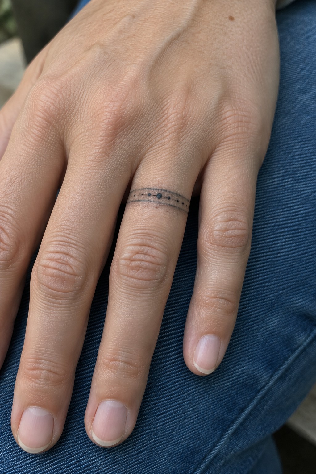 Fine double-line finger tattoo with small dots and larger dots arranged between the lines.