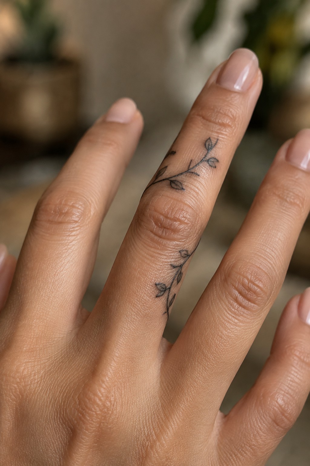 Fine-line black botanical branch tattoo with small leaves running along a finger.