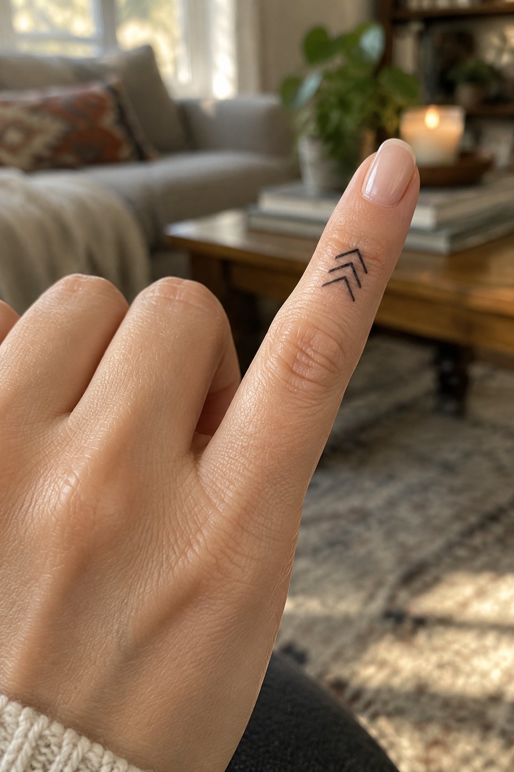 Small black double-chevron tattoo on the index finger.
