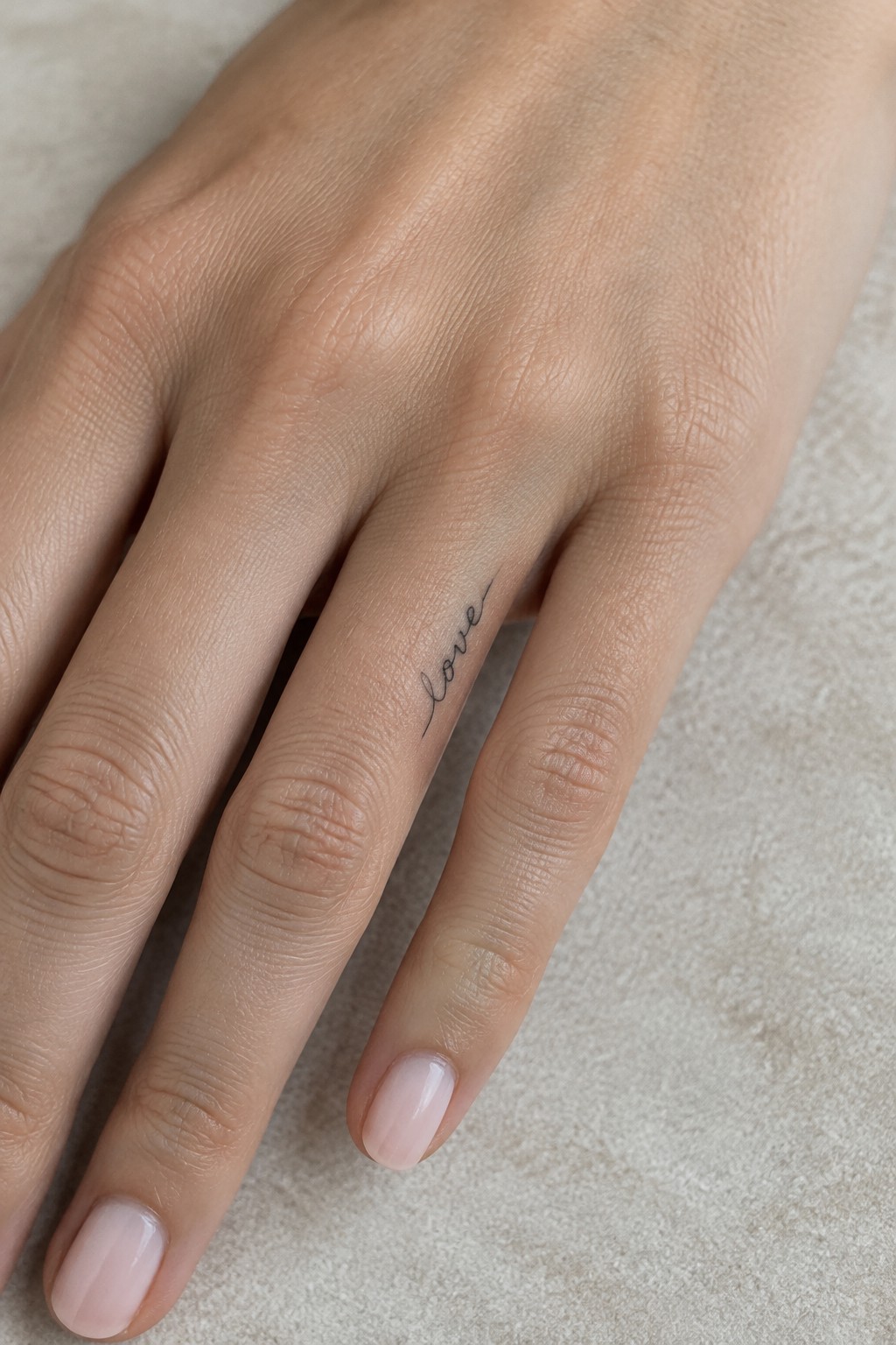 Fine-line script tattoo reading “love” along the side of a finger.