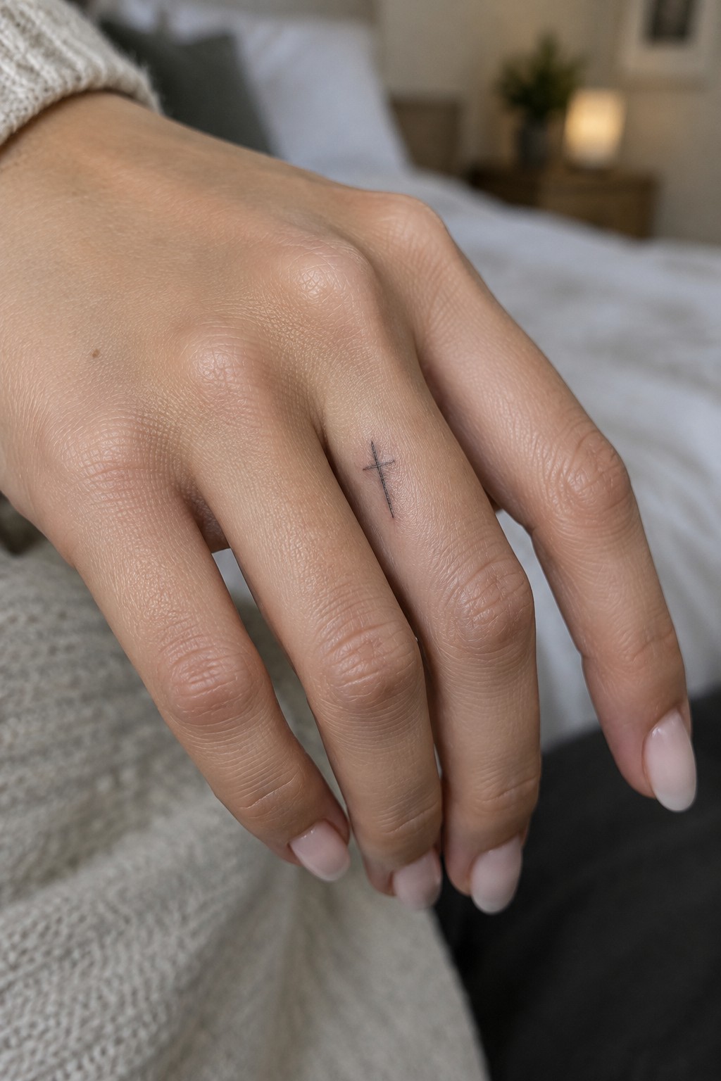 Small fine-line cross tattoo on the side of a finger.