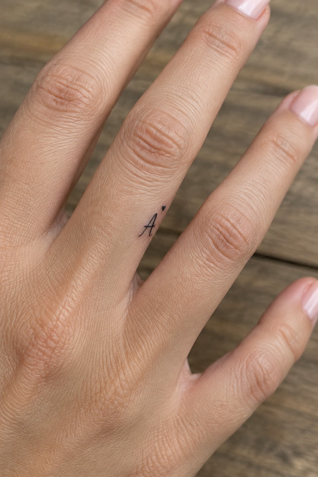 Fine-line capital A and tiny black heart tattooed on the side of a finger.