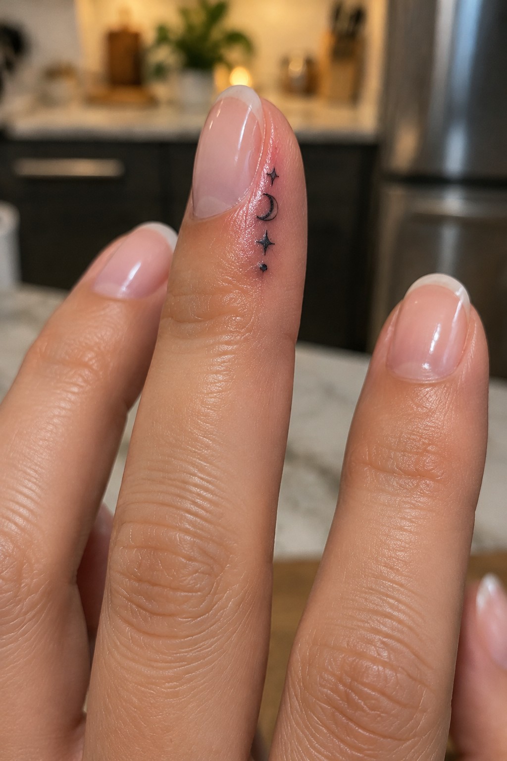 Small black crescent moon, stars, and dot tattoo in a vertical line beside the fingernail.