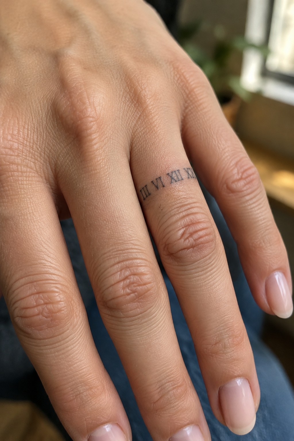 Small Roman numeral tattoo in fine black lettering across the side of a finger.