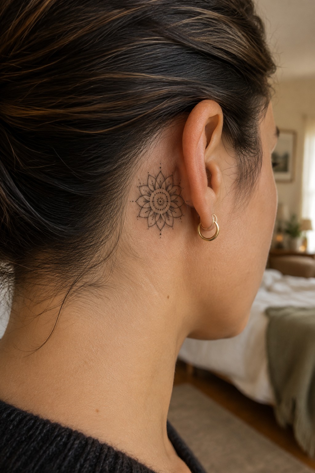 Small black fine-line mandala flower tattoo behind a woman’s ear, partly tucked beneath her hair.