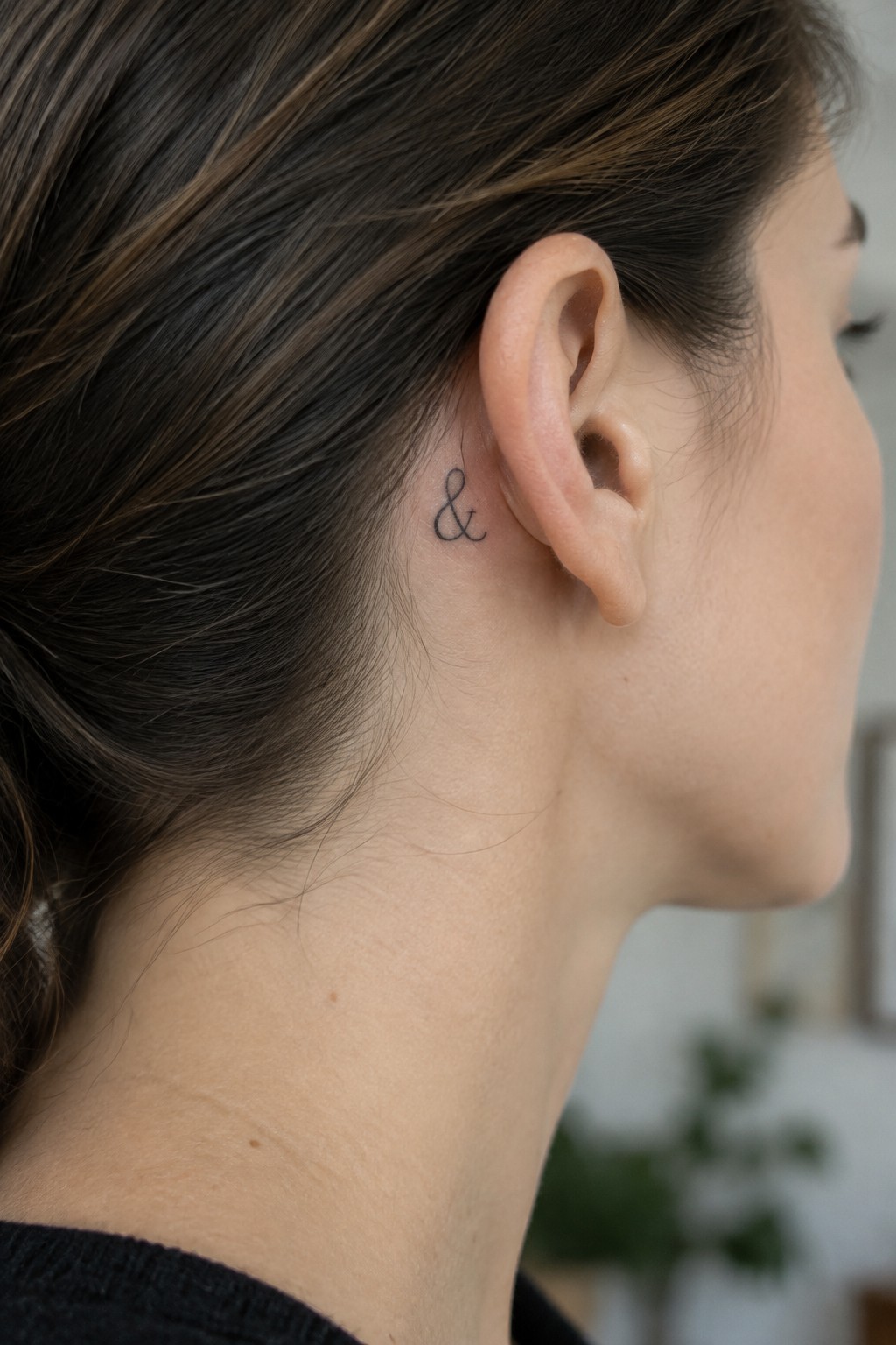 Small black ampersand tattoo behind a woman’s ear.