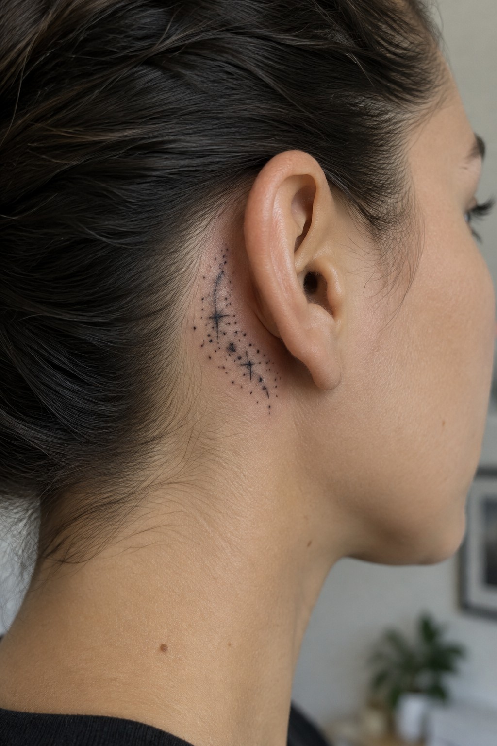 Small black constellation tattoo with fine lines and dots on the skin behind a woman’s ear.