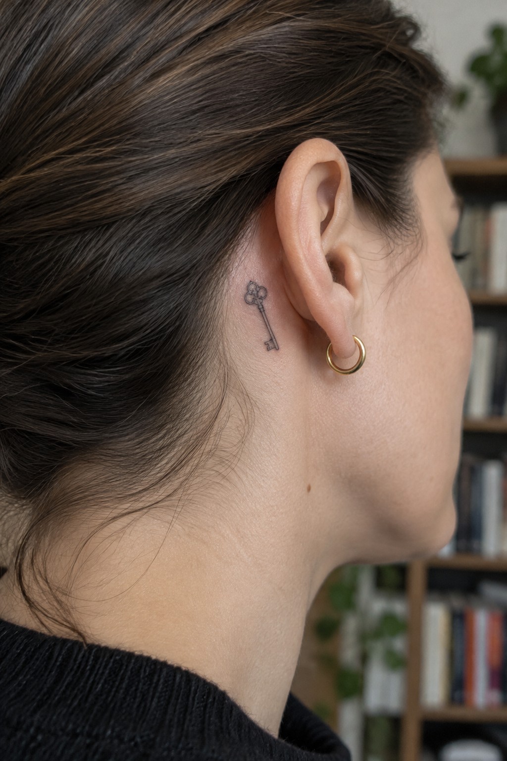 A woman with a small fine-line key tattoo behind her ear and a gold hoop earring.
