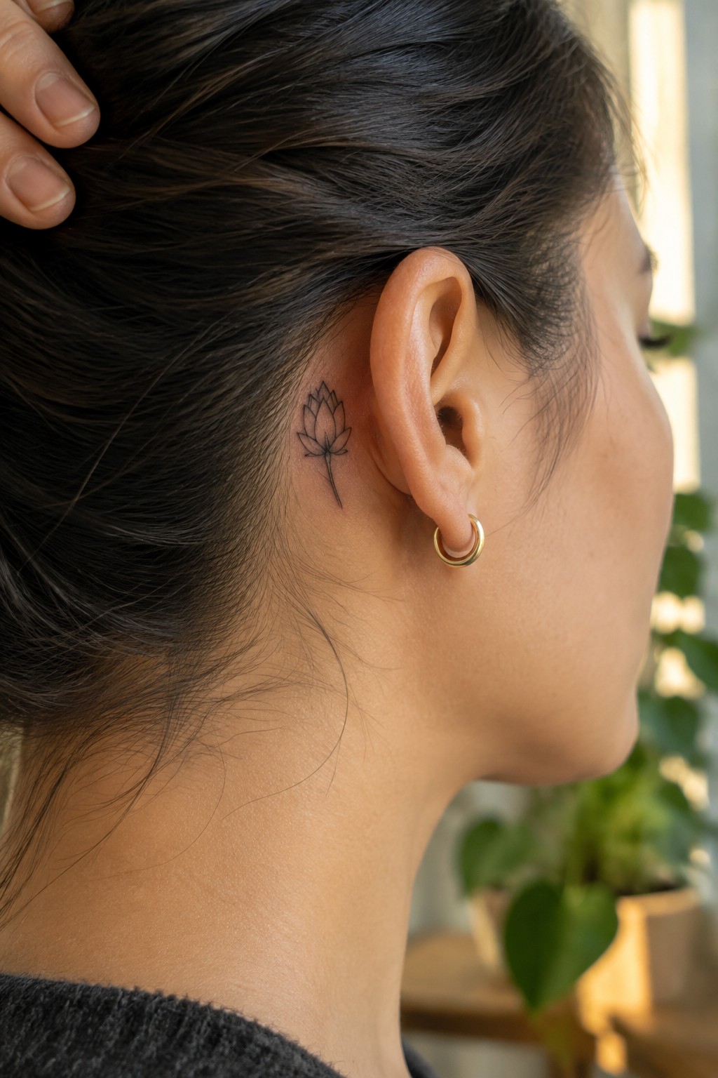 Small black outline lotus tattoo behind a woman’s ear, above a gold hoop earring.