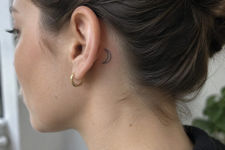 23 Refined Meaningful Behind Ear Tattoos for Women Using Tiny Symbolic Designs Fine-line crescent moon tattoo behind a woman’s ear, above a small gold hoop earring.