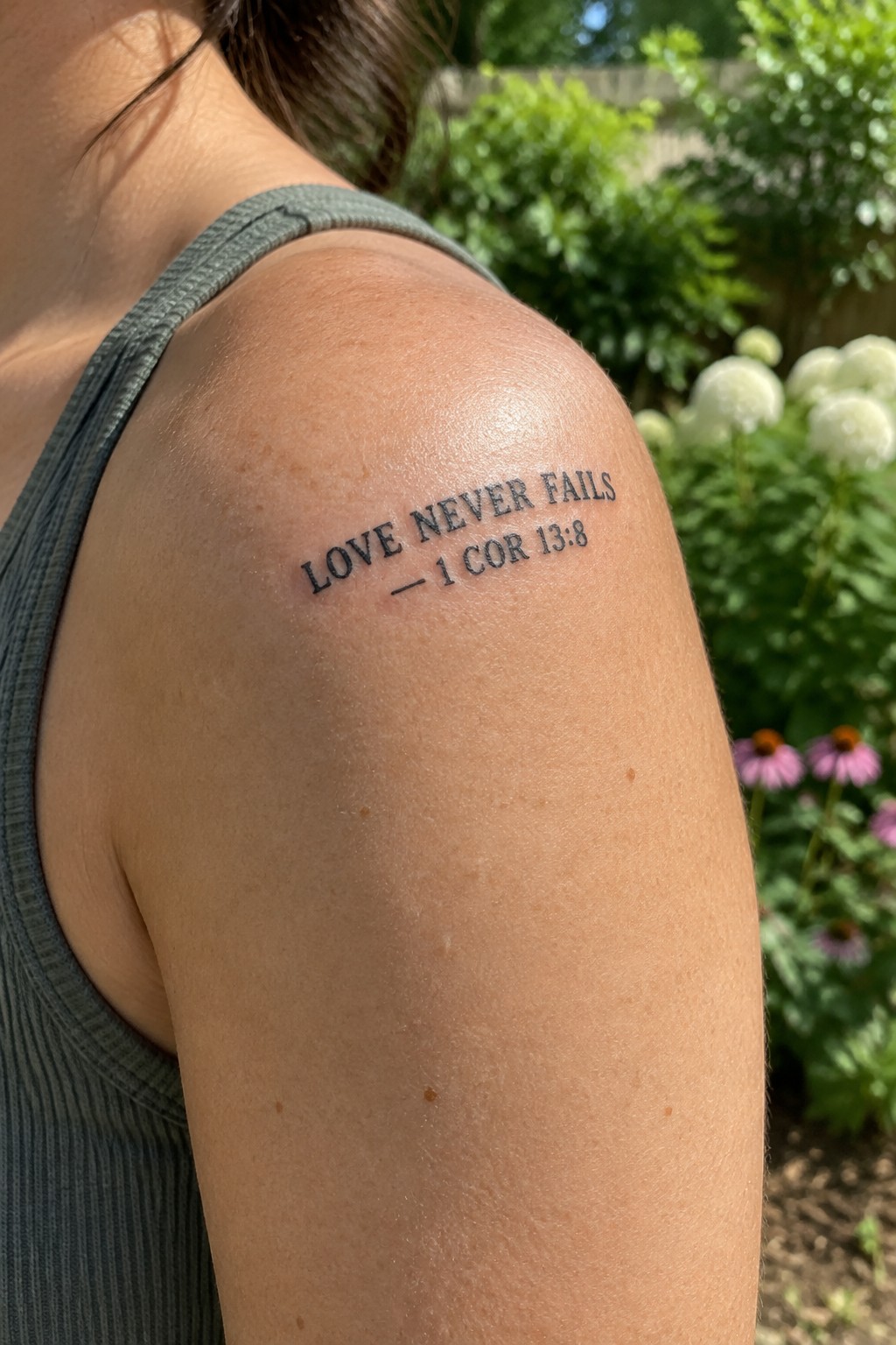 Black text tattoo on the upper arm reading love never fails 1 cor 13:8