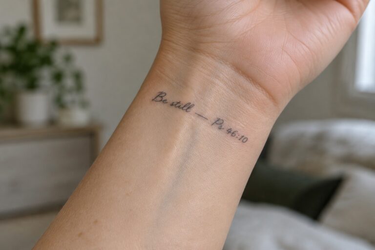 Light-skinned wrist with black cursive tattoo "Be still — Ps 46:10" above beige sweater cuff