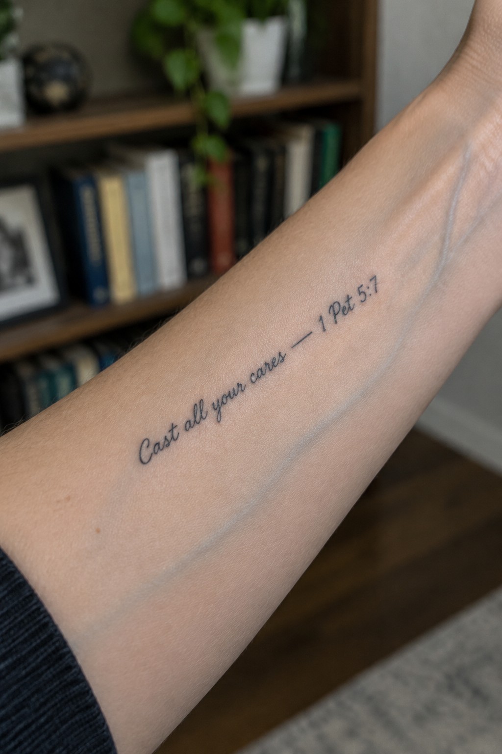 Fine line cursive tattoo of the verse 