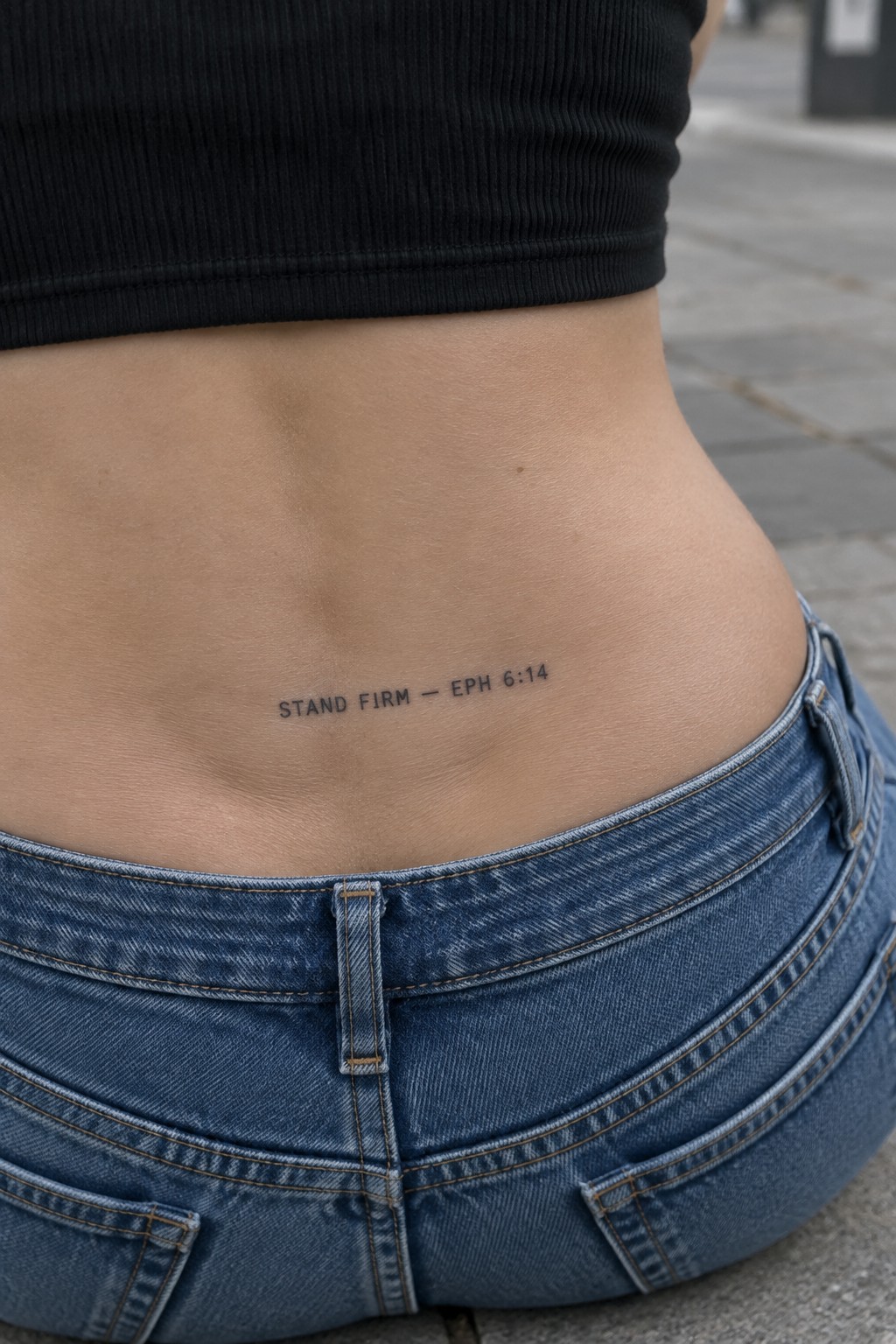A small black text tattoo with the words stand firm and the reference eph 6:14 placed on the lower back above blue denim jeans.