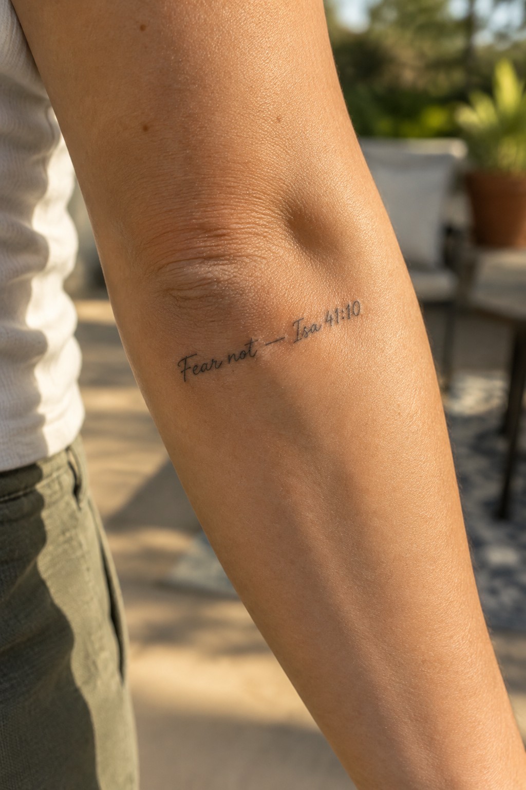 Close up of a small cursive tattoo on the inner forearm reading Fear not with the reference Isa 41:10 below it.