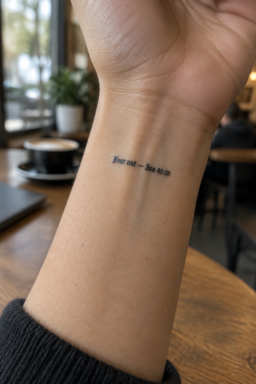 Close up of a small black script tattoo on the inner wrist reading 