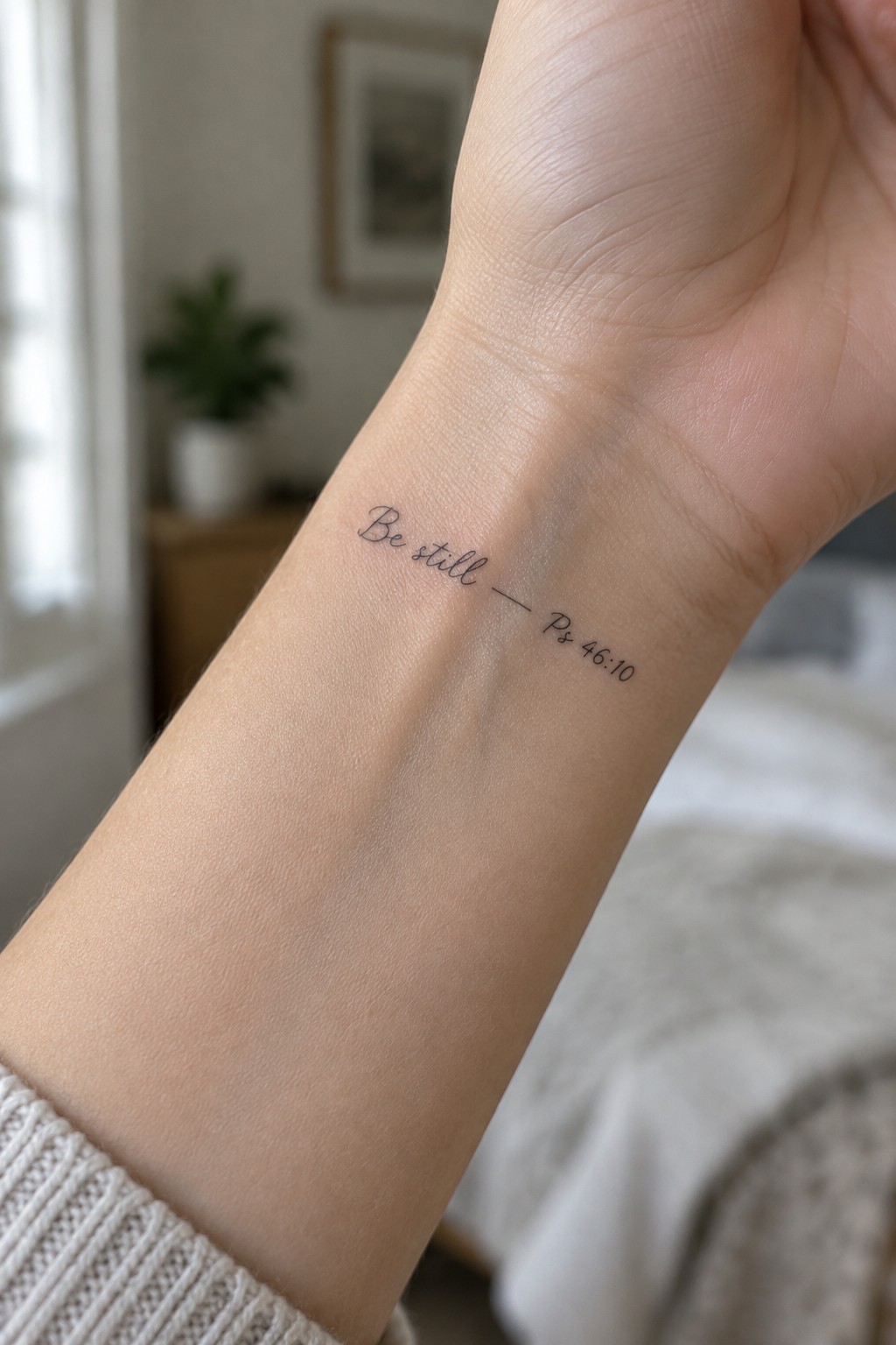 Light-skinned wrist with black cursive tattoo 