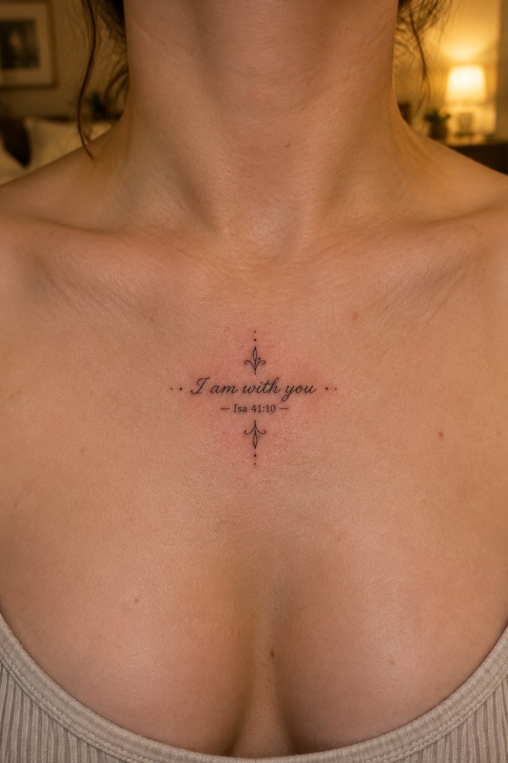 Small fine line tattoo on the upper chest showing the text 