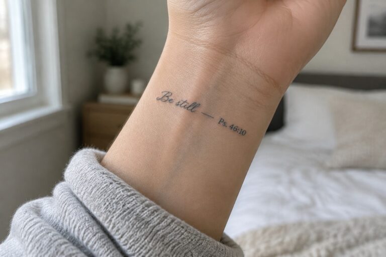23 Small Biblical Tattoos for Women Featuring Fine-Line Scripture Wrist tattoo "Be still — Ps. 46:10" on arm in white sweatshirt sleeve