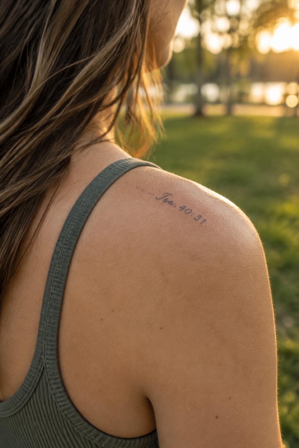 Woman's shoulder with Isa. 40:31 tattoo in green tank top, sunny park background