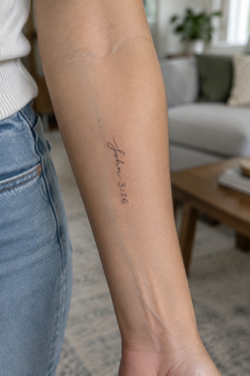 Arm with cursive 'John 3:16' tattoo on fair skin beside blue jeans in living room.