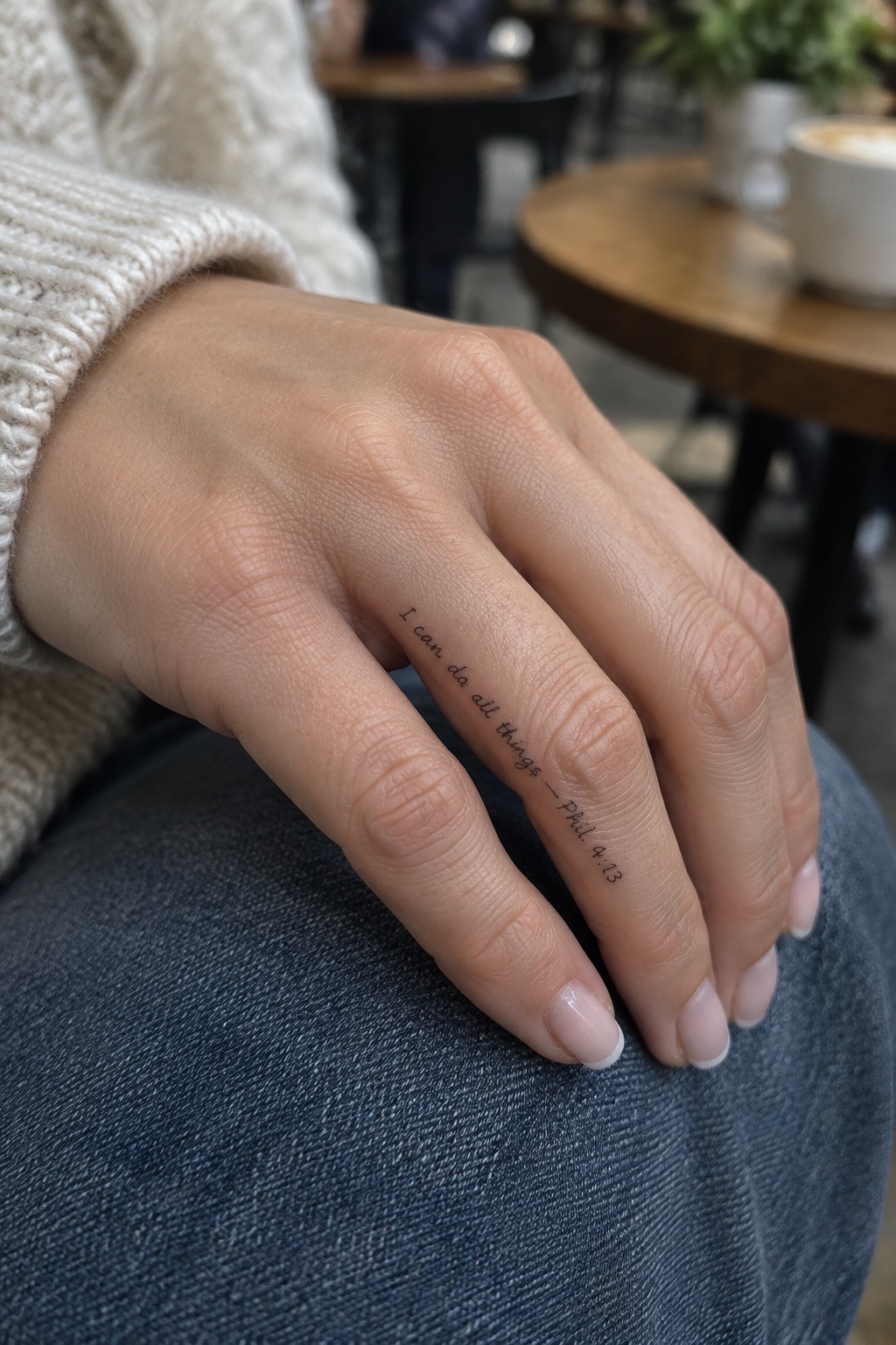 Fine line tattoo of the verse I can do all things Phil 4:13 written in script along the side of a ring finger