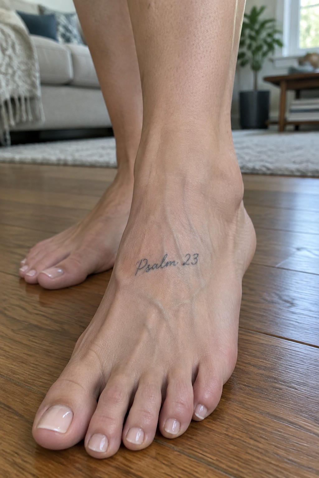 Fine line tattoo of the words Psalm 23 on the outer side of a foot near the ankle.