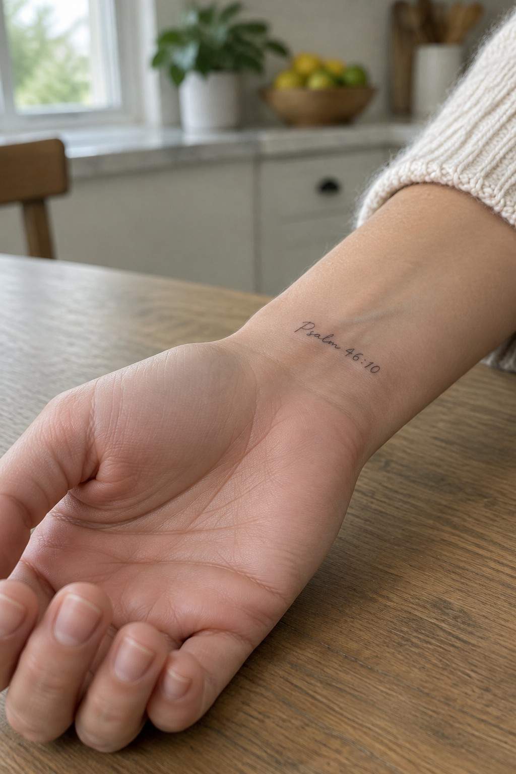 Small fine line tattoo of Psalm 46:10 on the inner wrist, shown on a hand resting on a wooden table in a kitchen.