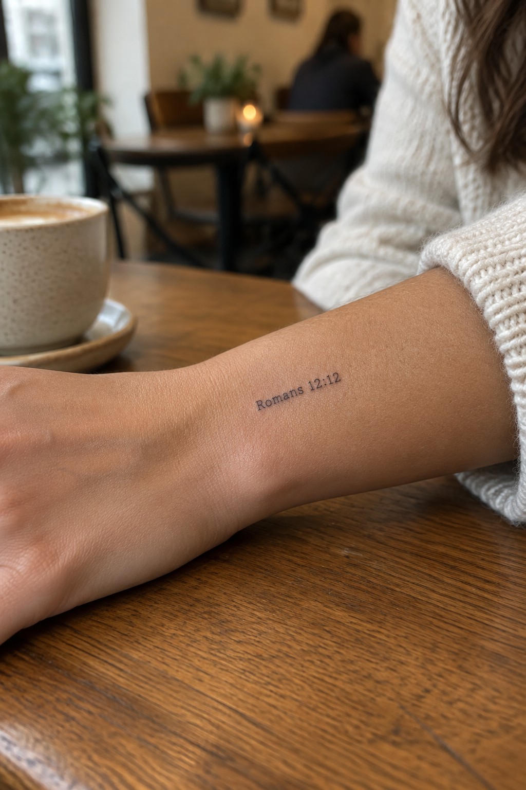 Arm in white knit sweater with Romans 12:12 tattoo on wooden cafe table beside coffee cup
